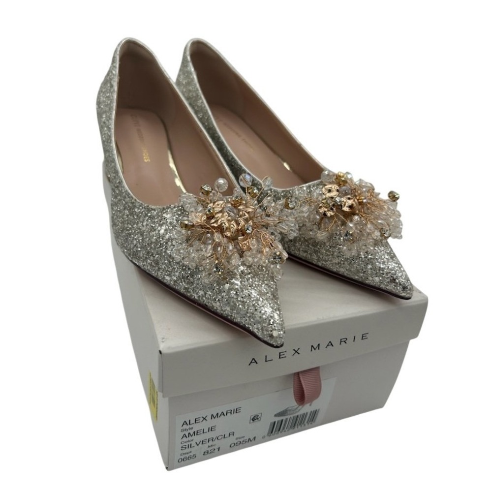 New Alex Marie Amelie Pumps Women Size 9.5 M Silver Glitter Beaded Block 2" Heel